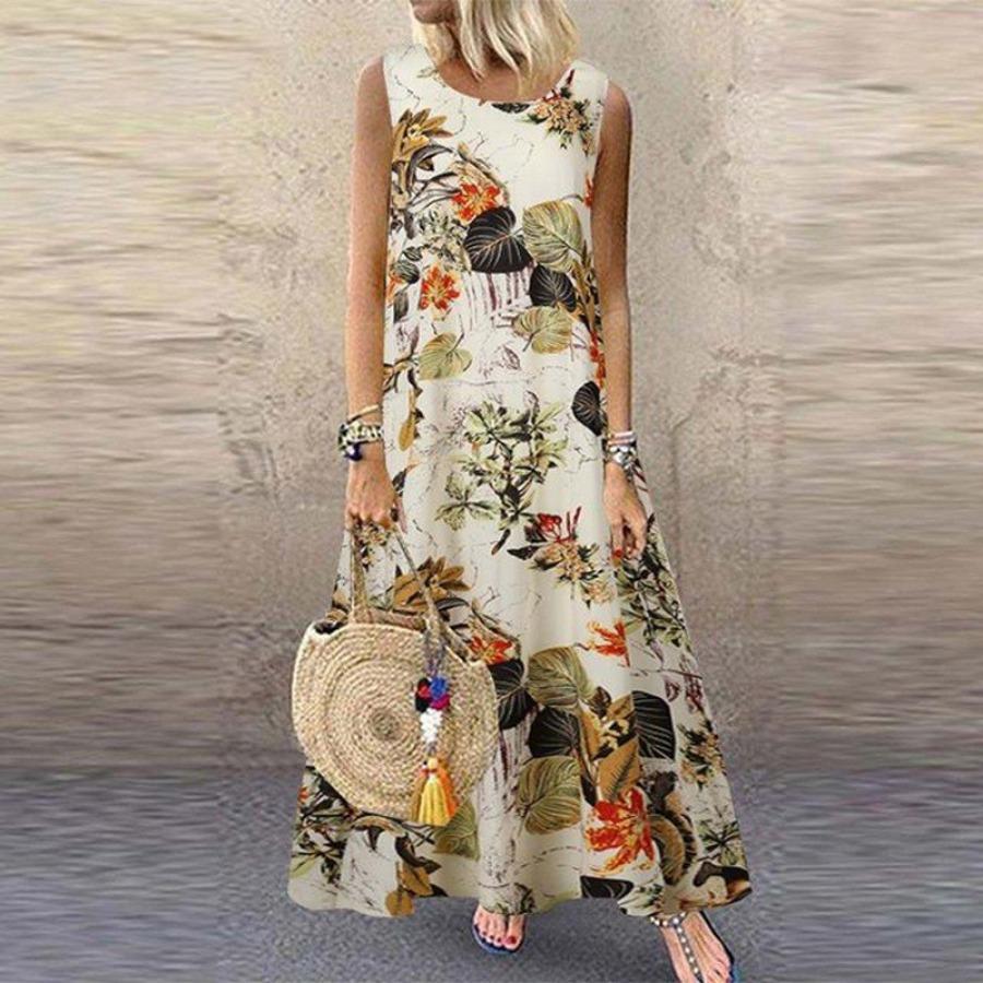 Женское платье-жилет из хлопка и льна в стиле ретро, ​​винтажное повседневное летнее платье с круглым вырезом без рукавов, длинные макси-платья большого размера