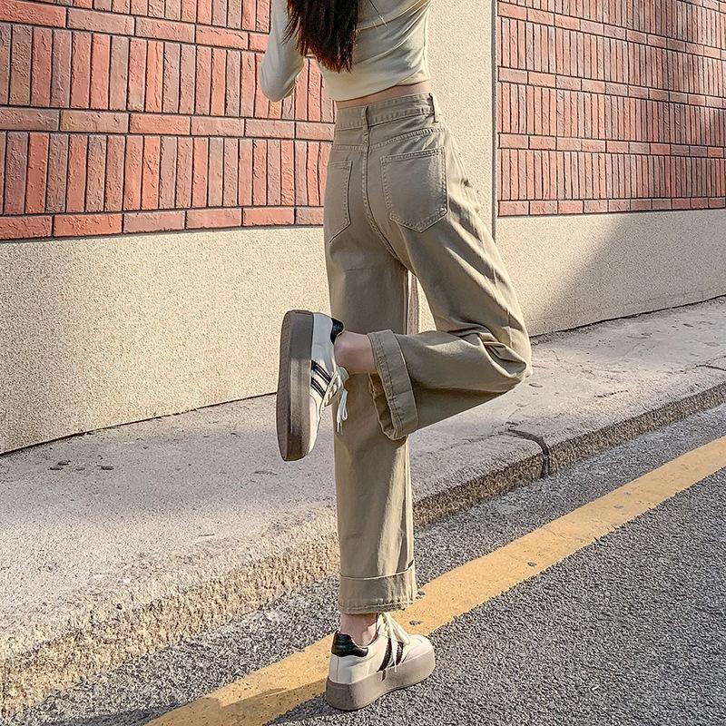 Narrow version straight denim girl spring high waist thin loose small nine-point pipe pants coffee chenille