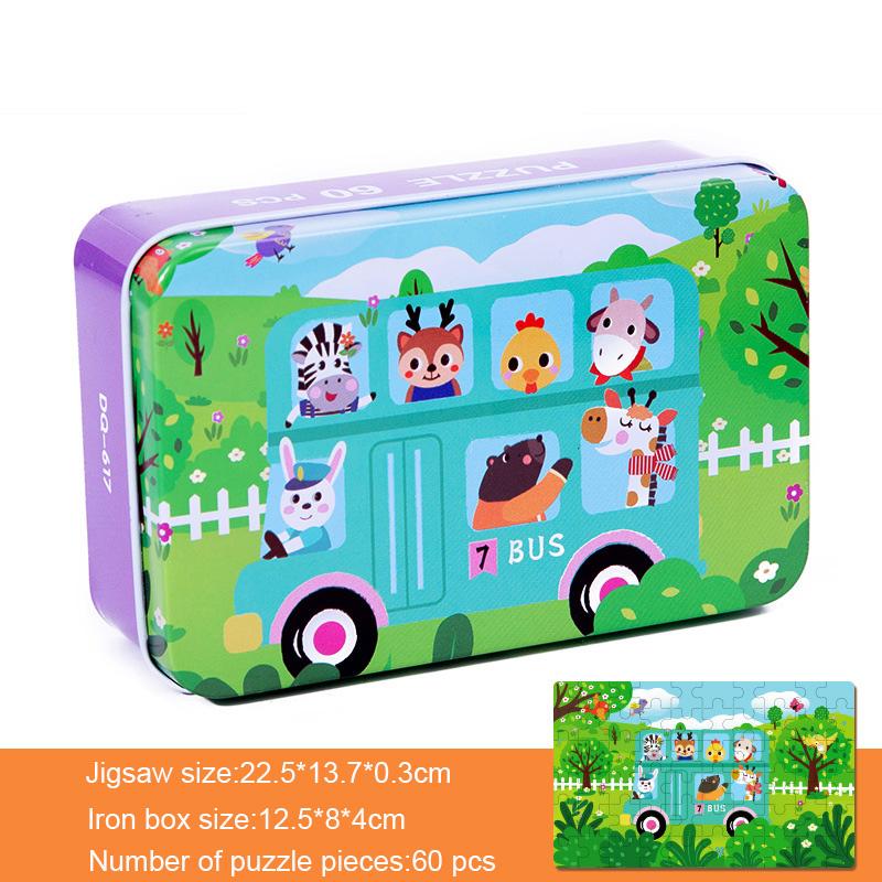 60 Pcs/Set Kids Wooden Puzzle Cartoon Animal Vehicle Dinosaur Pattern Jigsaw with Iron Box Baby Early Educational Toys Gift