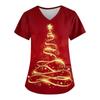 Женская мода с рождественским принтом и короткими рукавами с v-образным вырезом, маленькая рабочая футболка с карманами