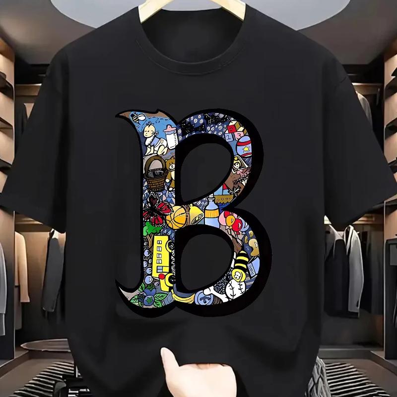 Summer Men's Cotton Sports Casual Fashionable Loose Plus Size Creative B-letter Printed Round Neck Short Sleeved T-shirt Top