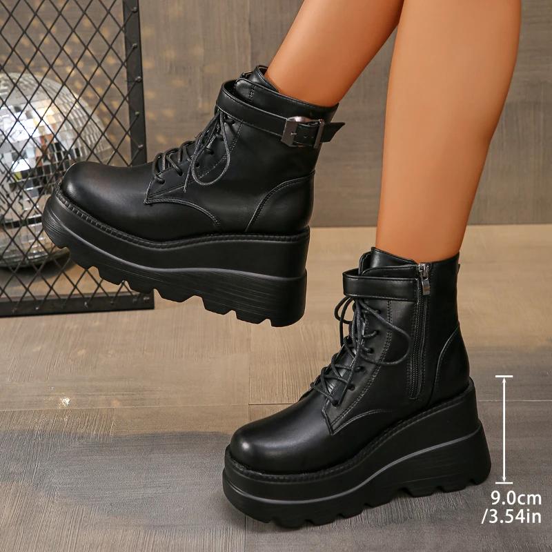 2025 NEW Punk Style Women Shoes Lace-up Heel Height 9CM Platform Shoes Woman Gothic Ankle Rock Boots Metal Decor Woman Sneakers