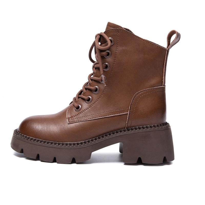 Leather Boots Autumn and Winter New Versatile Washed Cowhide Retro Fashion British Style Thick Soled Boots for Women