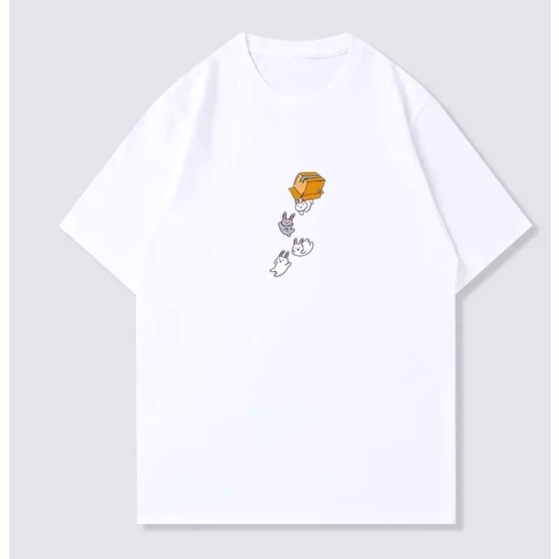 Cute Rabbits Falling From Box T-shirt Bunny Printed Short Sleeved Top Women Funny Cartoon Graphic Casual Y2k Streetwear Tee Tops