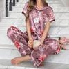 Luxurious Satin Pajamas for Women Flower Print Sleepwear   Autumn Short Sleeve Lapel Collar Top Pants Pyjama Home Clothes