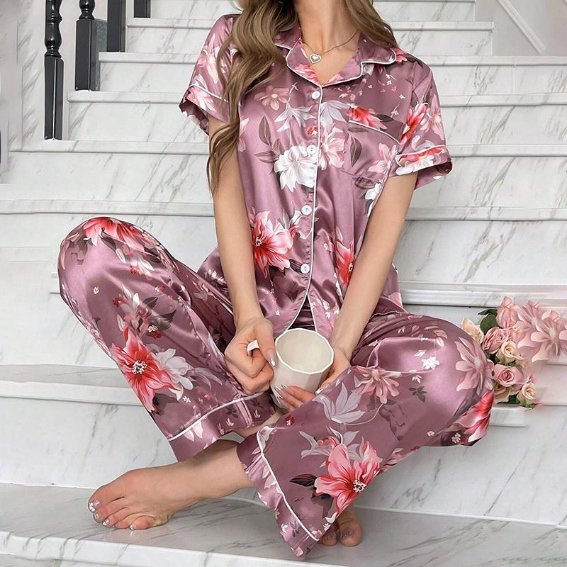 Luxurious Satin Pajamas for Women Flower Print Sleepwear   Autumn Short Sleeve Lapel Collar Top Pants Pyjama Home Clothes