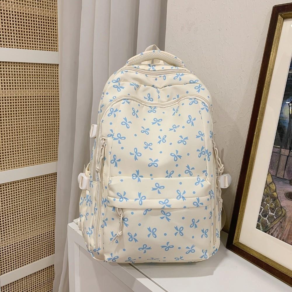 Large Capacity Bow Pattern School Bag Multi-compartment Rucksack Floral Print Backpack Travel