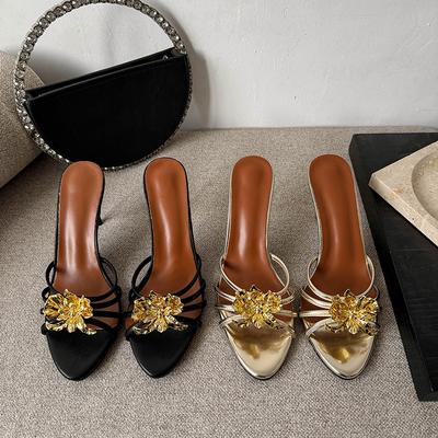 Весна и лето 2025 года, новые супермодные туфли на высоком каблуке с золотым цветком, стильные, сексуальные, с открытым носком, на тонком каблуке, женские туфли