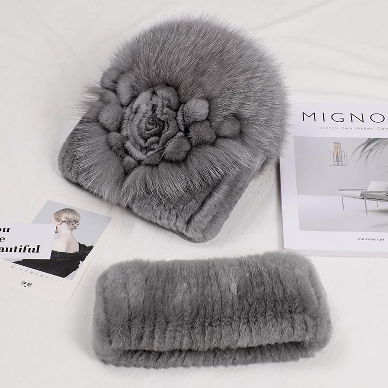 Real Rex Rabbit Fur Hat Women Winter Thickened Ear Protection Caps Knitted Scarf Hat Set Natural Fur Hat With Fox Fur Balls