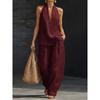 1116 set European and American women's clothing printed neck V-neck sleeveless casual pants set