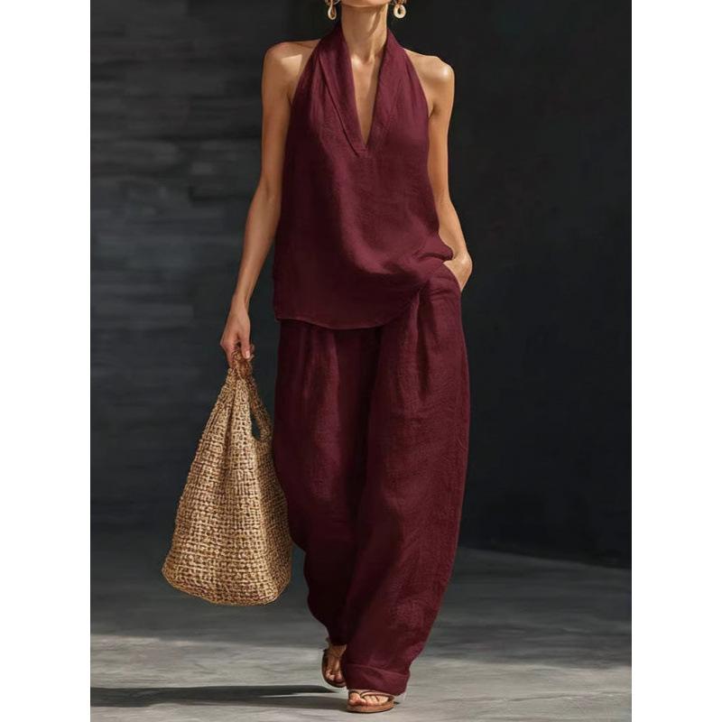 1116 set European and American women's clothing printed neck V-neck sleeveless casual pants set