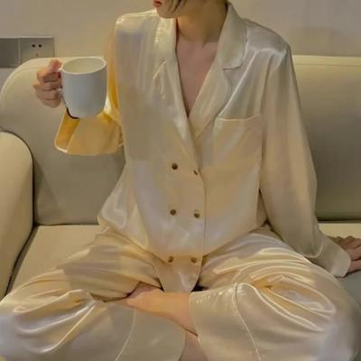 Осенний новый темперамент двубортный пижамный комплект из двух предметов из мягкого шелка Ice Silk, женский однотонный комплект из 2 предметов