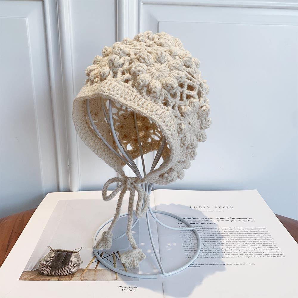 Crochet Beret Cap Hollow Flower Skullies Hat Breathable Princess Cap  for Child Girls