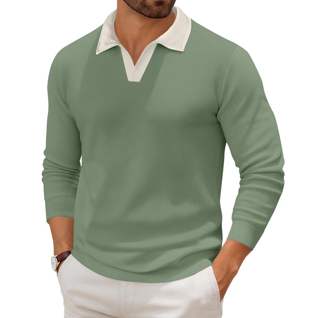 Мужской повседневный трикотажный базовый топ с длинным рукавом и воротником в стиле колор-блок