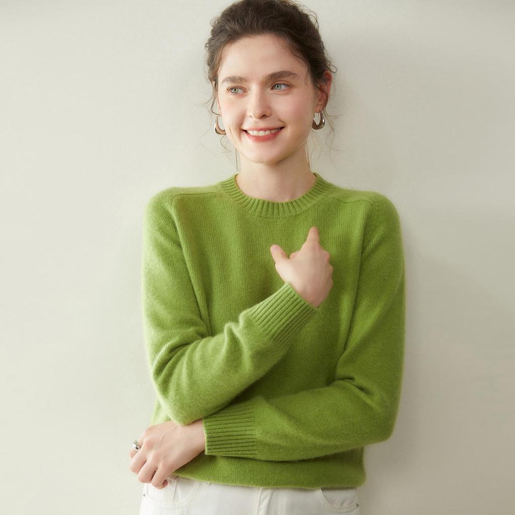 Женский кашемировый свитер с круглым вырезом - Коллекция Осень/Зима 2025, Реглан, Утепленный, Однотонный, Свободный крой, Стройнящий вязаный базовый.