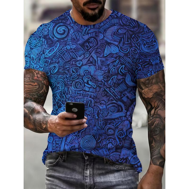 Men's Fashion 3D Graffiti Printed T-Shirt Casual Short Sleeve Crewneck Top Blue Abstract Mechanical Line Doodle Pattern Summer Tees Clothing