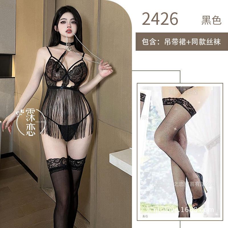 Sexy lingerie lace transparent hot blood drops sexy uniform fringed suspender breast pure flirting outfit