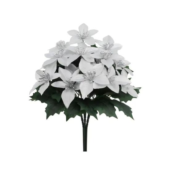 Artificial Poinsettia Bouquet with Green Leaves 4 Fork UV Resistant Fake Silk Flower Home Table Centerpiece Indoor Outdoor Faux Bloom Decoration
