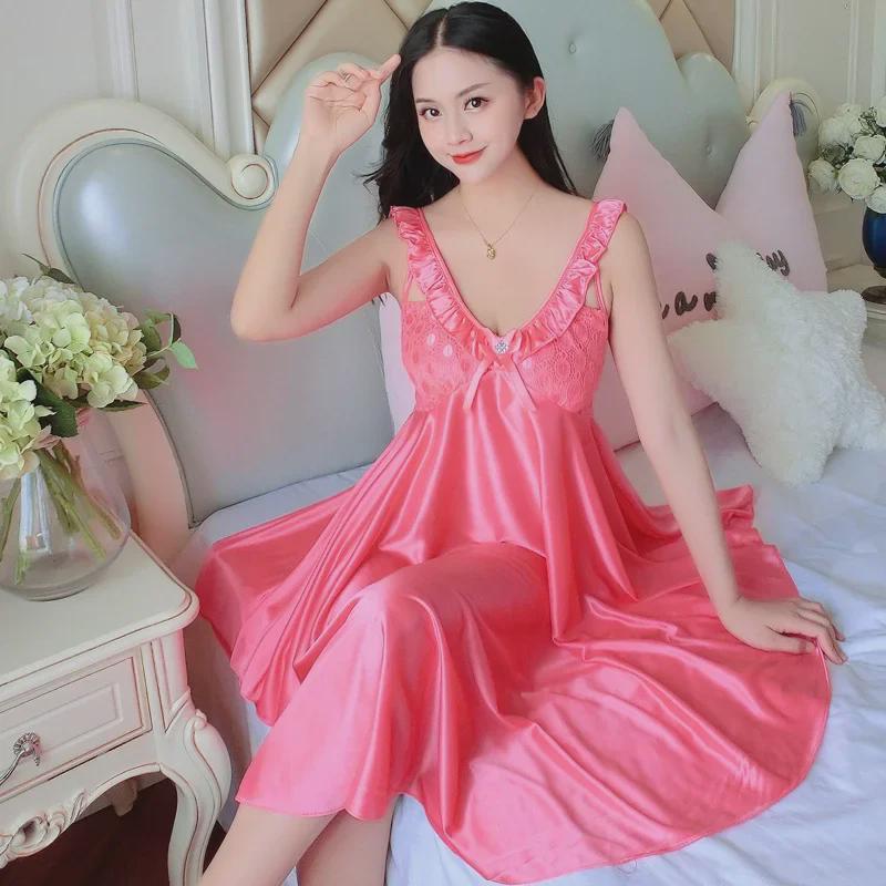 Женская ночная рубашка Ice Silk с V-образным вырезом - сексуальная летняя пижама