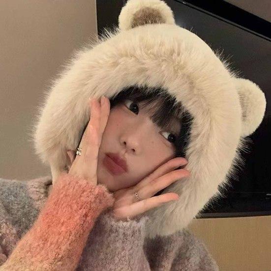 Women Plush Hat with Cute Bear Ears Soft Fuzzy Warm Thick Lace-up Windproof Strap Autumn Winter Outdoor Cycling Girls Ear Protection Cap Gift Choice