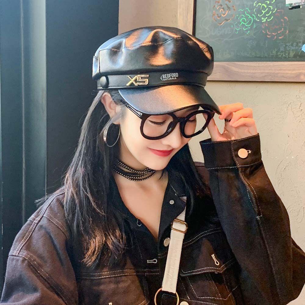 PU Leather Girl British Style Winter Women Berets Painter Cap Korean Style Octagonal Hat Navy Hat