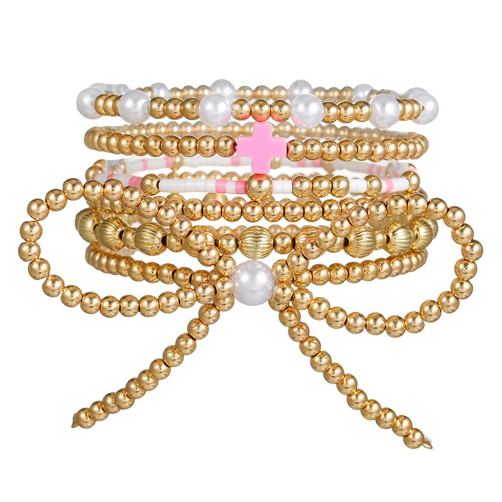 Hot Selling Girlfriend Bracelet Bohemian Pink Bow Pendant Bracelet Female Pearl Crystal Bracelet Set
