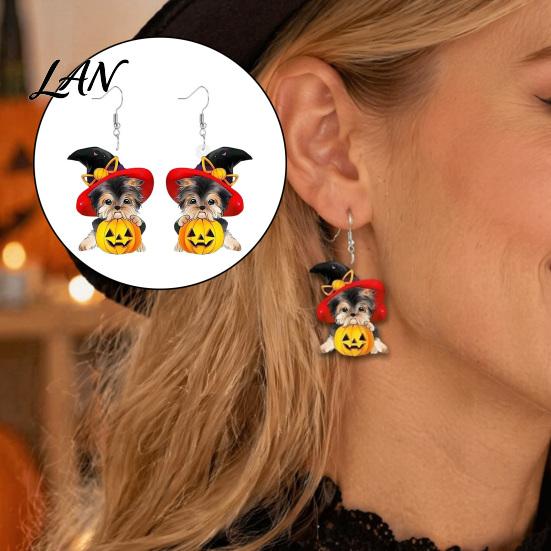 Cute Halloween Gift for Her Witch Hat Puppy Earrings, Dog Pumpkin Drop Fashionable Acrylic Earrings Lightweight Jewelry, Accessories Women Girls