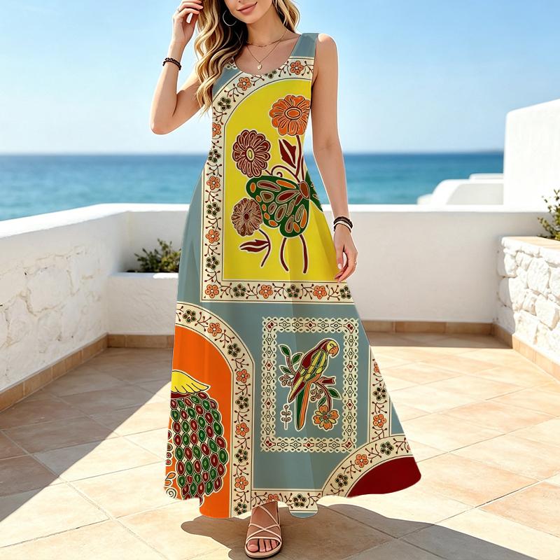 U-Neck Sleeveless Maxi Dress Loose Fit,Soft Fabric,Flowy Full Skirt,Ethnic Style,Summer Versatile for Daily Casual Vacation,Unique Eye-Catching Design