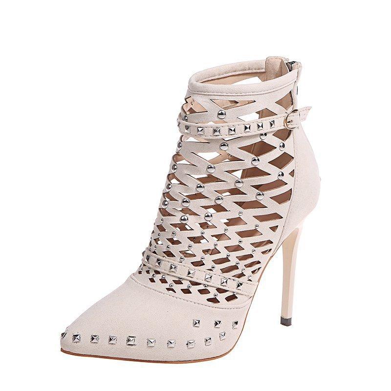 Gladiator Sandals Summer Spring Pointed Toe Rivets Studded Cut Out Caged Ankle Boots Stiletto Heel Women Shoes