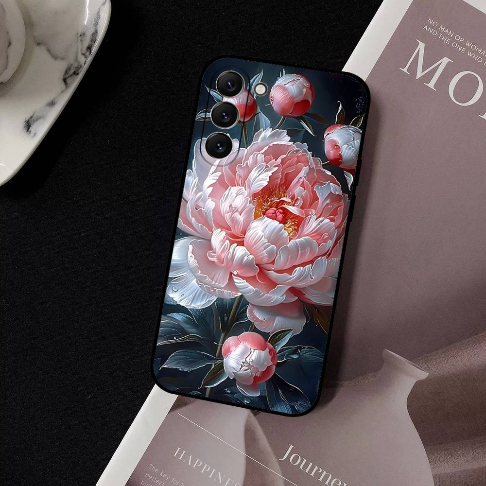 E-Элегантный-P-Цветок Пиона Чехол для Телефона Для Samsung S24, S25 22,30,Note20,Lite,Ultra,5G,Plus,FE Черный Чехол