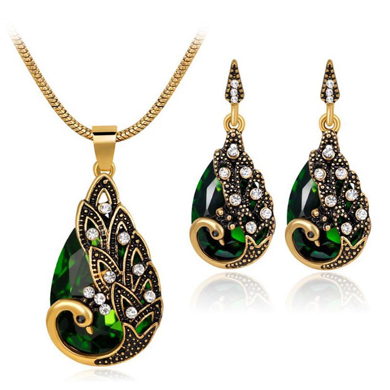 Jinyuan Fashion Jewelry Indian Antique Bronze Plated Ethnic Water Droplets Earrings Design Traditional Jewelry Sets for Women