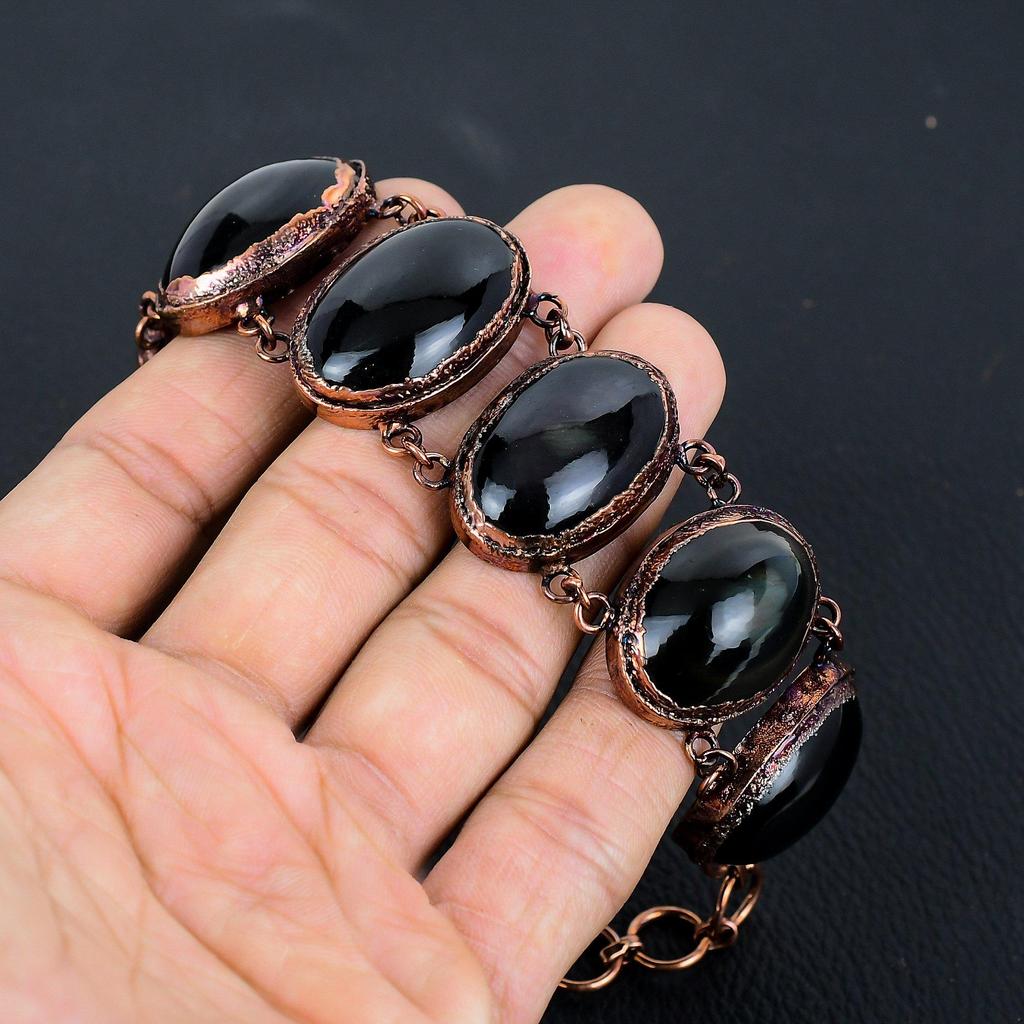 Black Obsidian Eye Gemstone Bracelet, Copper Electroformed Handmade Designer Bracelet Jewelry, Adjustable Chain Bracelet Gift For Women