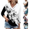 Womens 3/4 Sleeve Daily Weekend V Neck Casual Printed Tshirts Loose Fit Pleated Tees Ladies Blouse