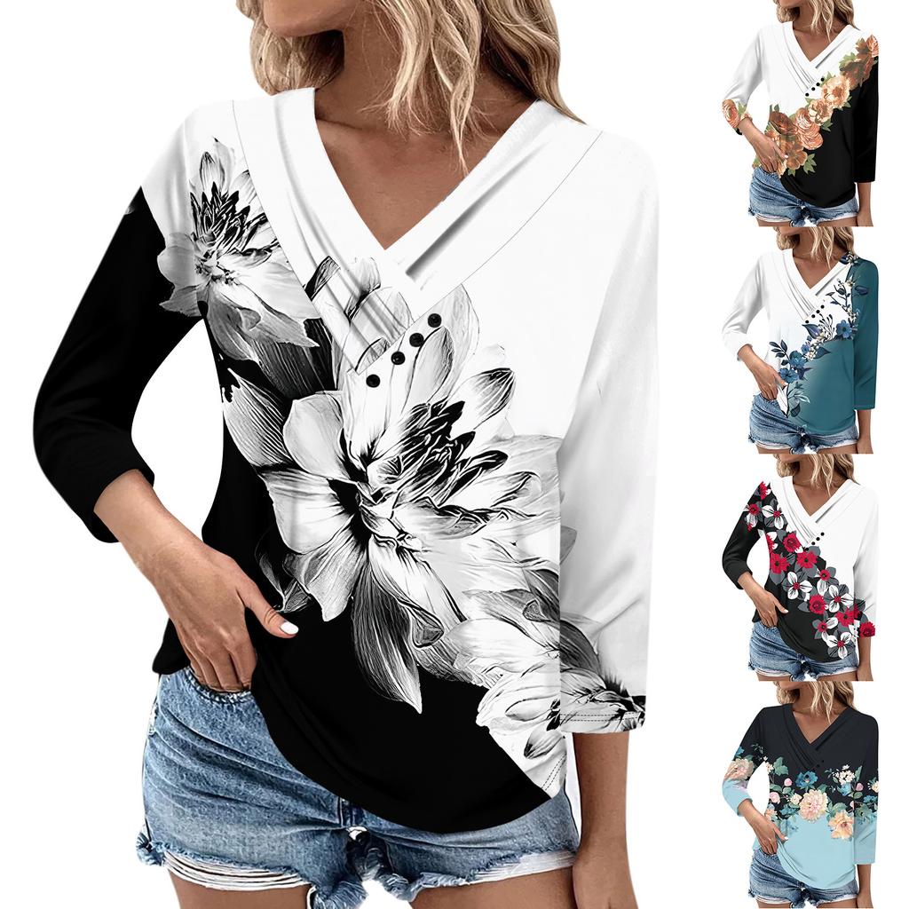 Womens 3/4 Sleeve Daily Weekend V Neck Casual Printed Tshirts Loose Fit Pleated Tees Ladies Blouse