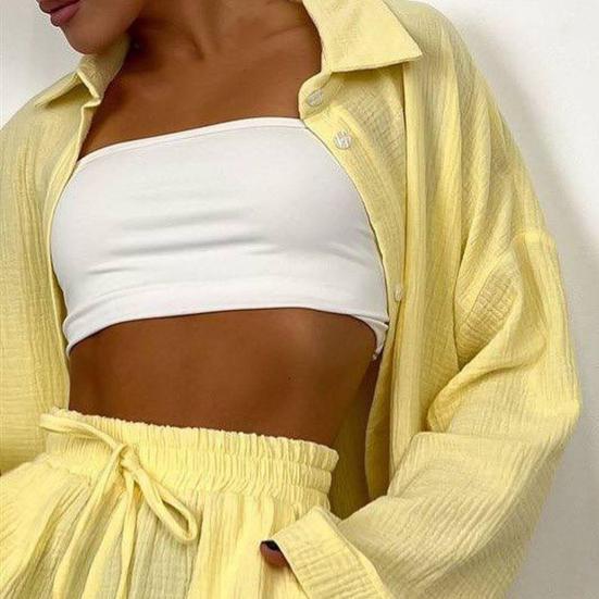 2 шт./компл., женская рубашка, шорты, комплект, однобортный однобортный комплект с высокой талией и длинными рукавами, свободный шнурок, эластичная резинка на талии, однотонный женский наряд