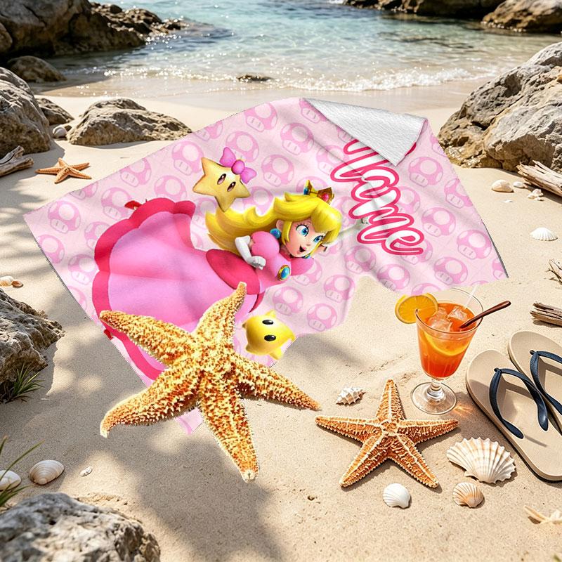 Custom Name Personalized Princess Peach Toadstool Print Beach Towel, for Trip Camping Beach Party Home Decor, Birthday Gift for Family & Friends