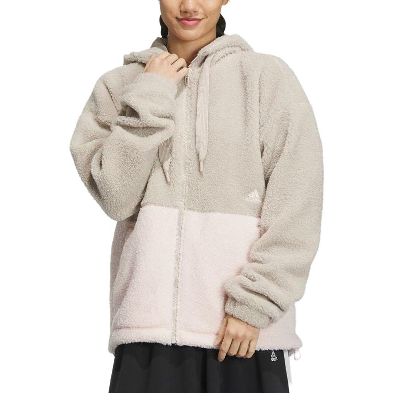 Adidas Свободная флисовая куртка Color Block с капюшоном и застежкой-молнией, женская куртка бежевого цвета IK9863