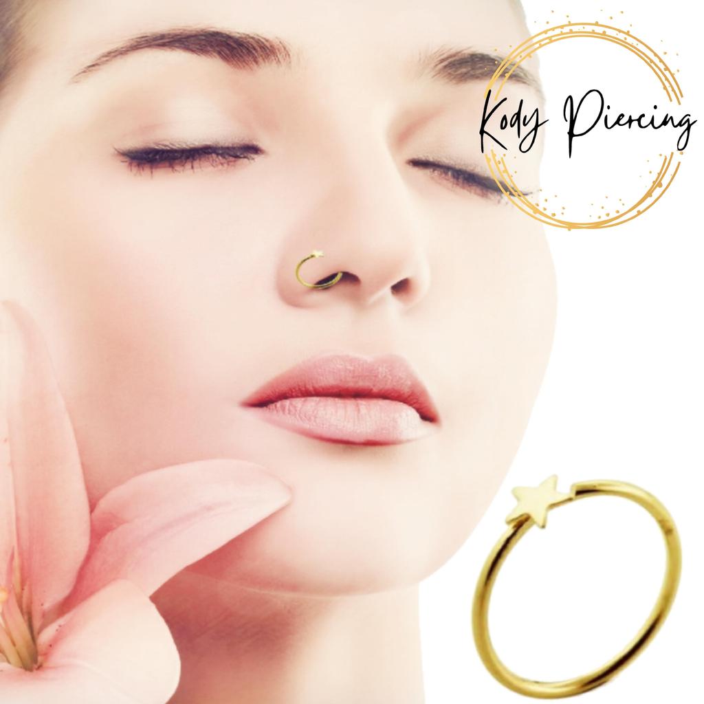 KODY PIERCING 14K Solid Gold Open Nose Ring Piercing With Star - Quality Piercing