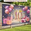 2D Pink Gold 10th Birthday Backdrop with Candles, Roses & Gift Boxes Party Banner
