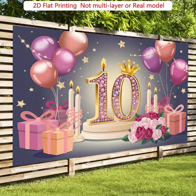 2D Pink Gold 10th Birthday Backdrop with Candles, Roses & Gift Boxes Party Banner