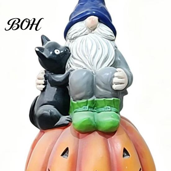 Holiday Gift for Her Halloween Gnome Outdoor Garden Statue, Resin on Pumpkin Figurine with Cute Black Cat Cat, Fall Autumn Dwarf Sculpture Porch Yard