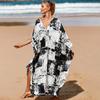Plus Size Boho Cover Up, Women's Plus Painting Print Bat Sleeve V Neck Split Hem Maxi Cover Up Dress