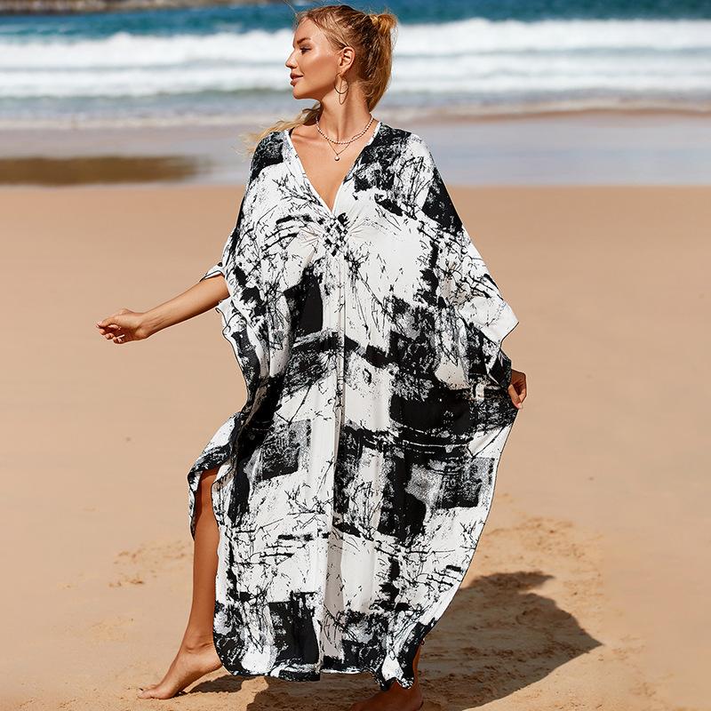 Plus Size Boho Cover Up, Women's Plus Painting Print Bat Sleeve V Neck Split Hem Maxi Cover Up Dress