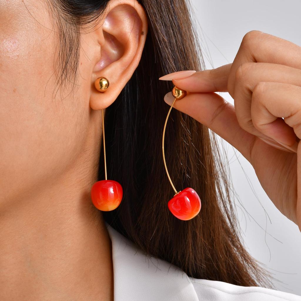 Unique Red Solid Cherry Dangle Earrings for Women, Gold Plated Stainless Steel Fruit Pendant Earrings, Trendy Party Jewelry