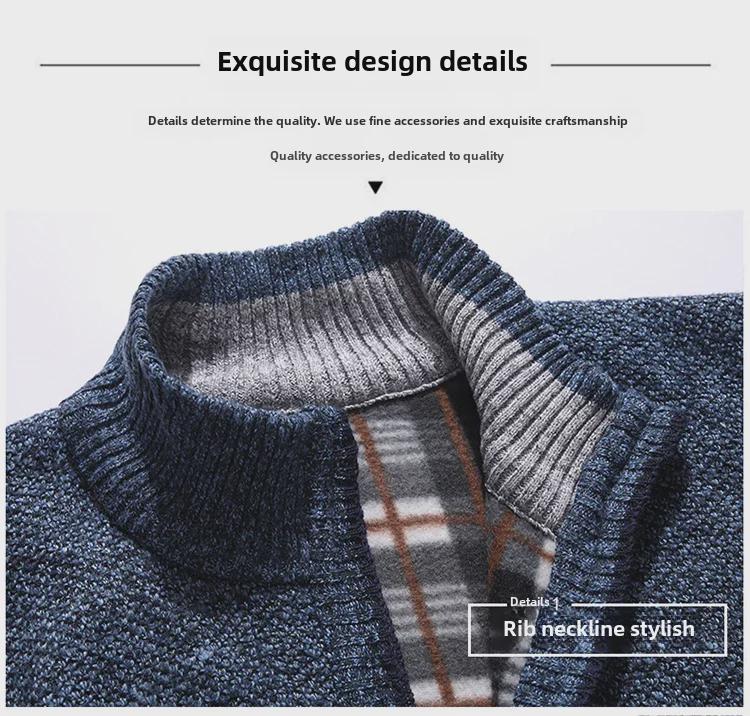 Men's Autumn/Winter Plus Velvet Zipper Knitted Cardigan Jacket with Stand Collar and Solid Color