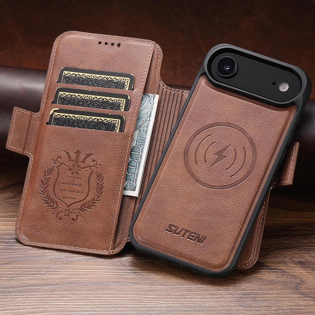 Магнитный кожаный чехол-книжка для iPhone 17 Pro Max/Samsung S25U с беспроводной зарядкой