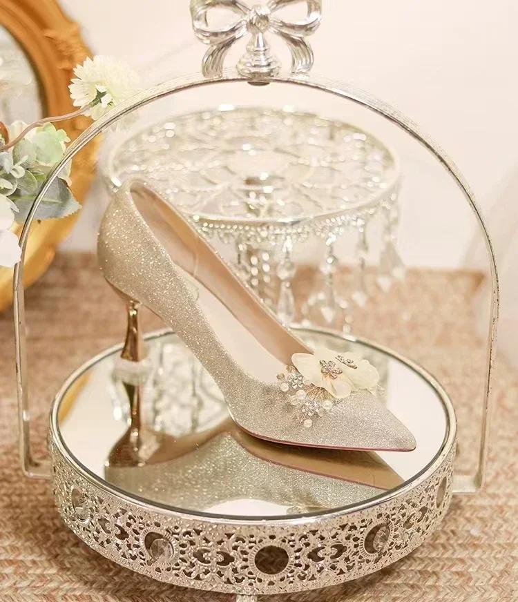 Женские туфли на низком каблуке, модные цветочные свадебные туфли-лодочки, женские новые туфли на каблуках со стразами и бусинами для женщин