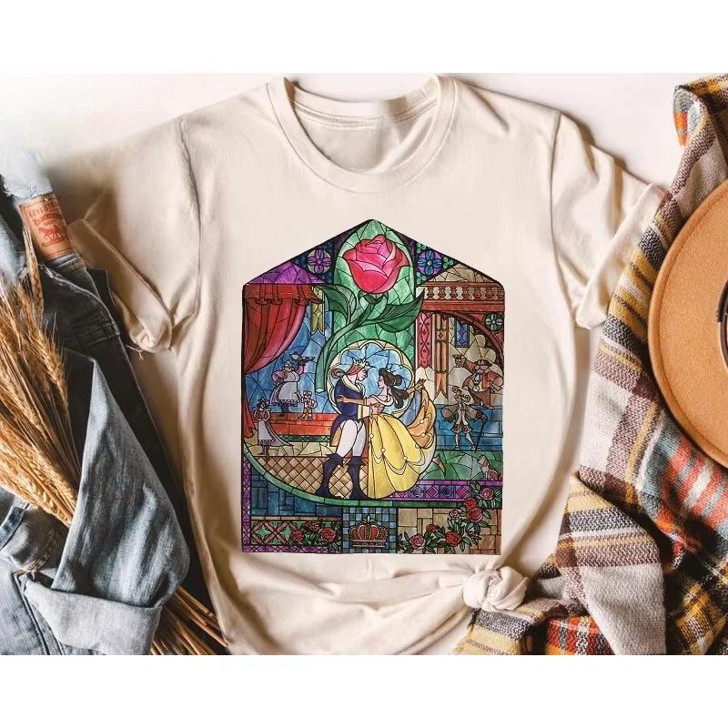 Beauty and The Beast Stained Glass Rose Print Womens TShirt New Casual Fashion Unisexs and Womens Plus Size Loose Couple