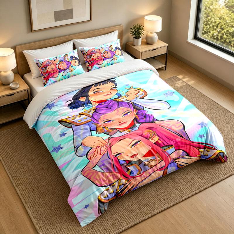 3Pcs Bedding SetKpop Demon Hunters Soft Bed Sheet and Two Pillowcases Home Bedroom Decor