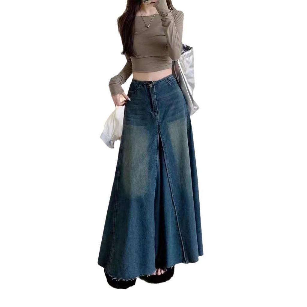 2025 Новая длинная джинсовая юбка А-силуэта с высокой талией для женщин - Ретро-стирка и облегающий крой